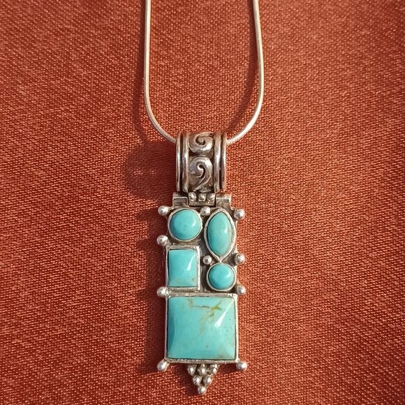 Sterling Silver Turquoise Style Pendant Necklace 23” Snake Chain 925 Italy - Picture 12 of 16